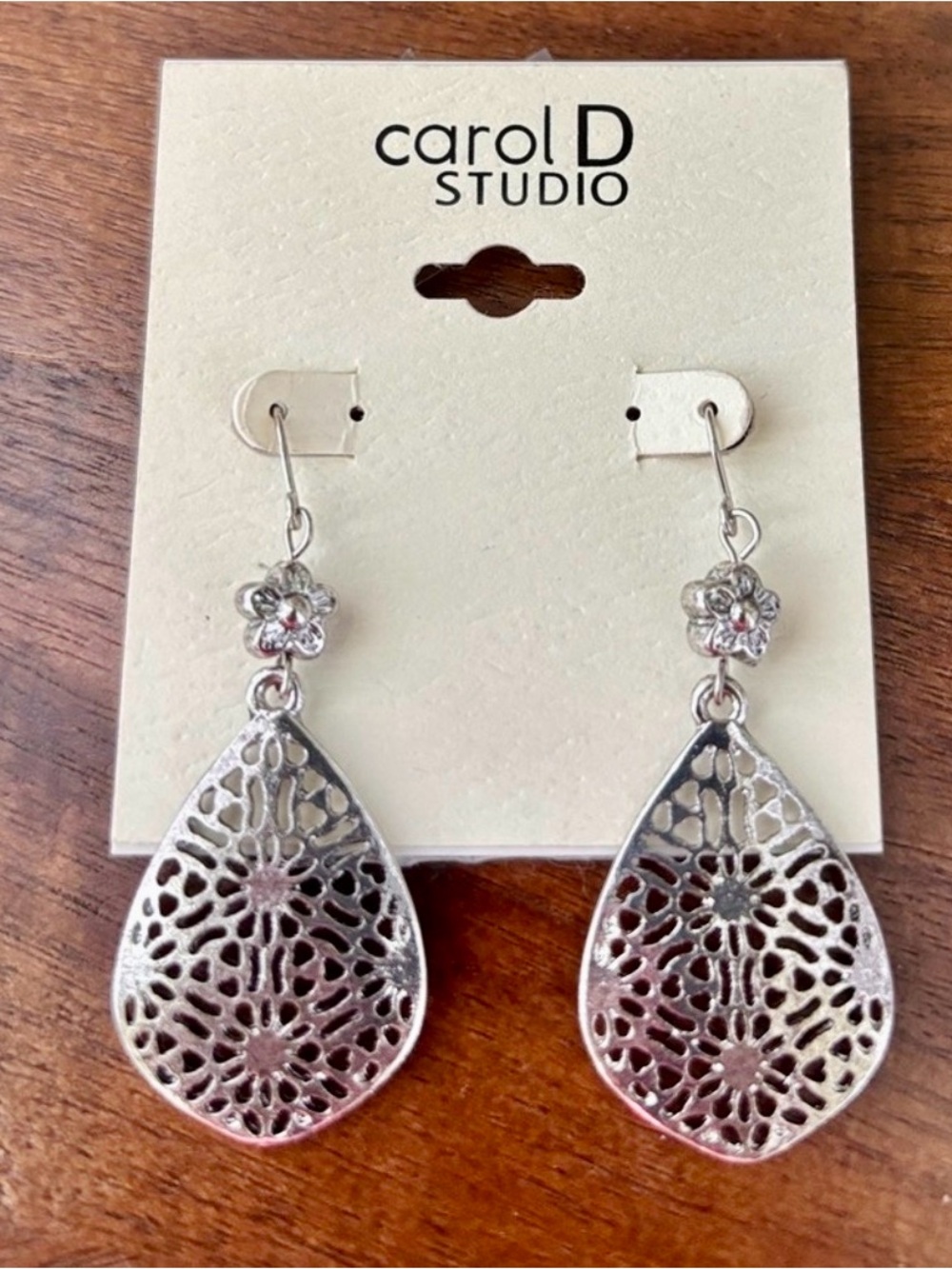 Carol D Studio Teardrop  starburst lazer cut,w/small flower, dangle, fishhook